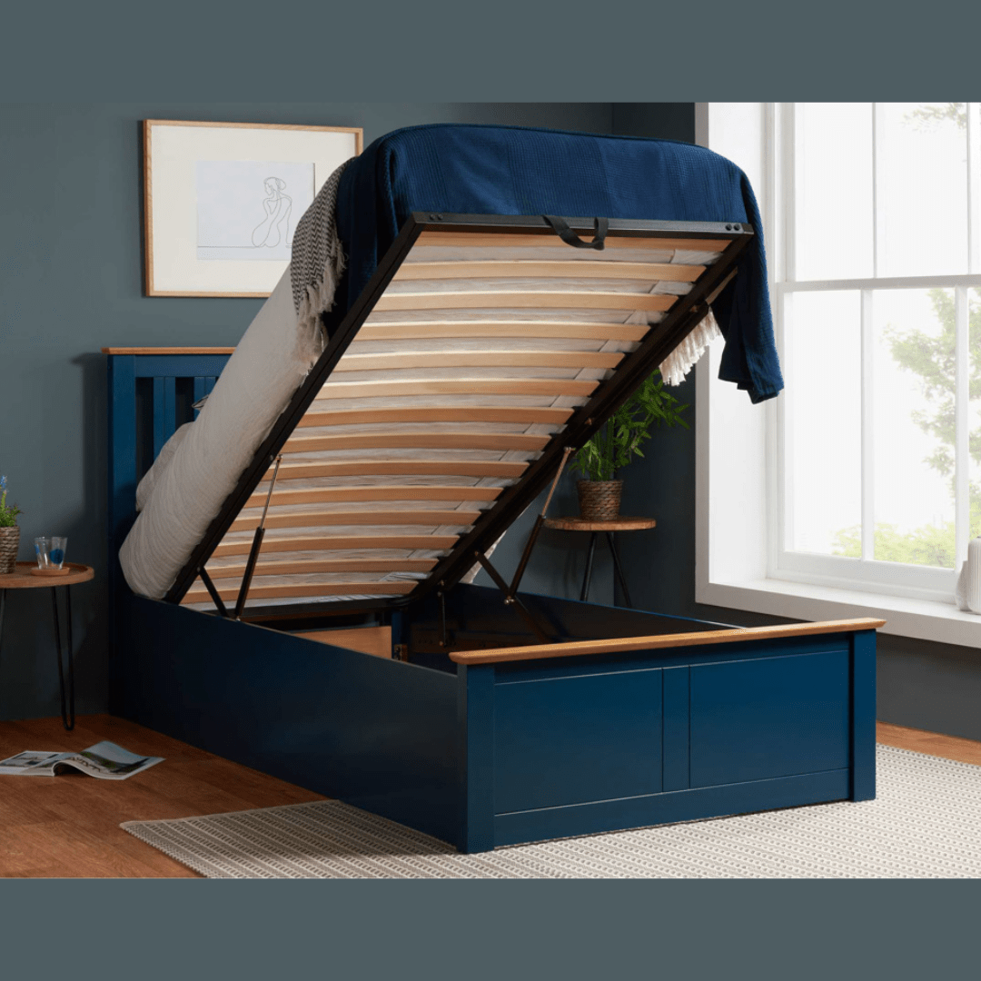 Delta 2.0 Ottoman Storage Navy Blue Bed Frame - Furniturezone