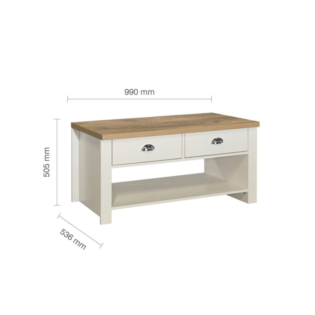 Lancaster 2 Drawer Coffee Table Cream & Oak Effect - Furniturezone