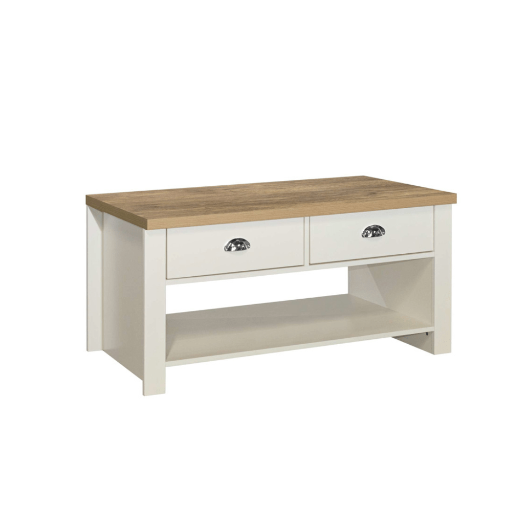 Lancaster 2 Drawer Coffee Table Cream & Oak Effect - Furniturezone