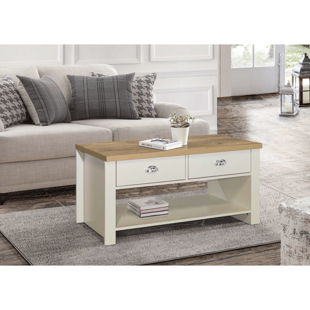 Lancaster 2 Drawer Coffee Table Cream & Oak Effect - Furniturezone