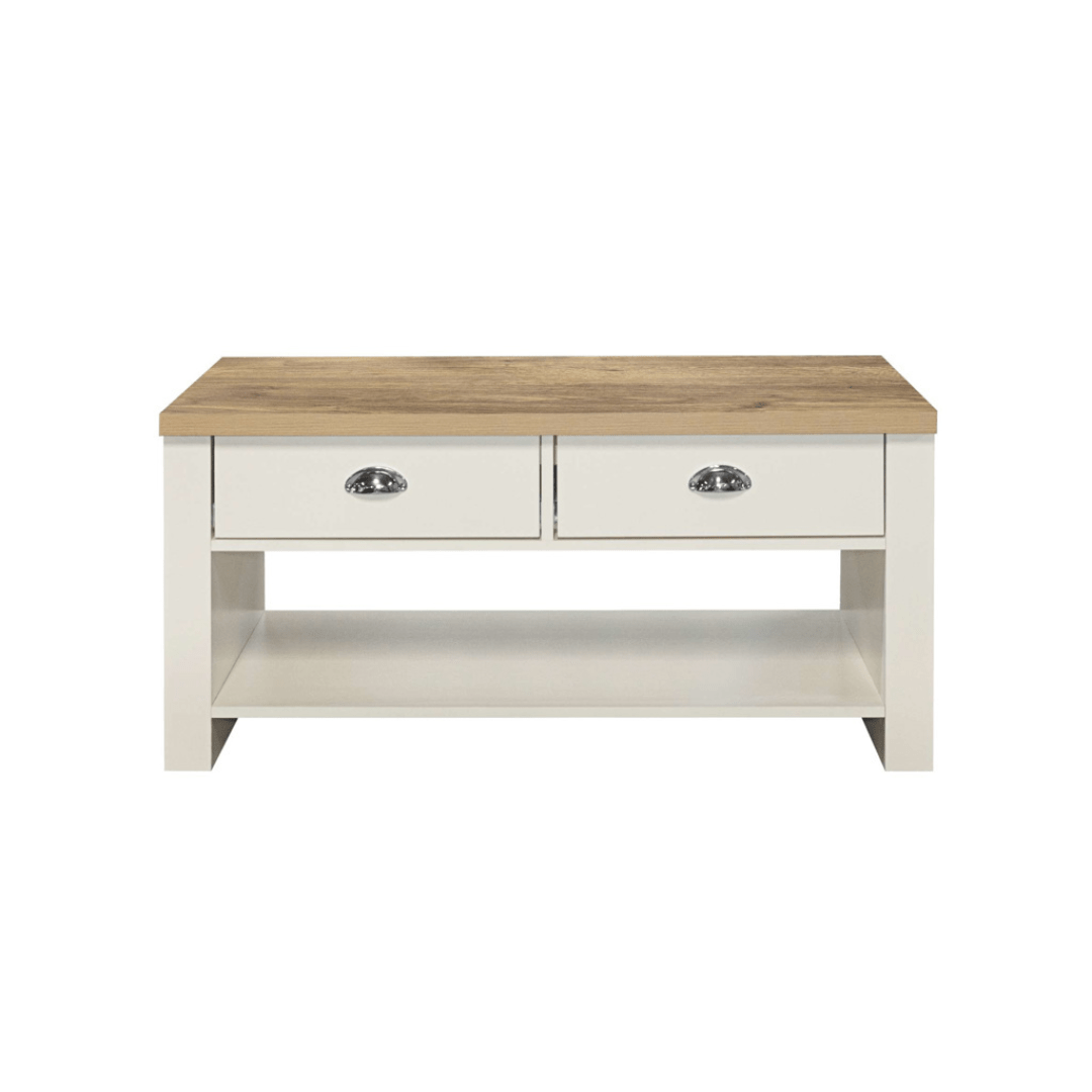 Lancaster 2 Drawer Coffee Table Cream & Oak Effect - Furniturezone