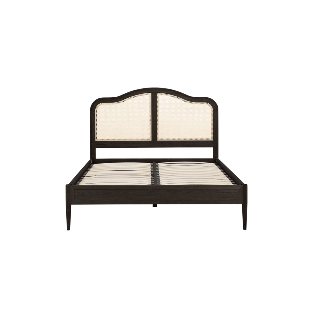 Leonie Solid Oak Rattan Bed Frame - Weathered Black Oak - Furniturezone