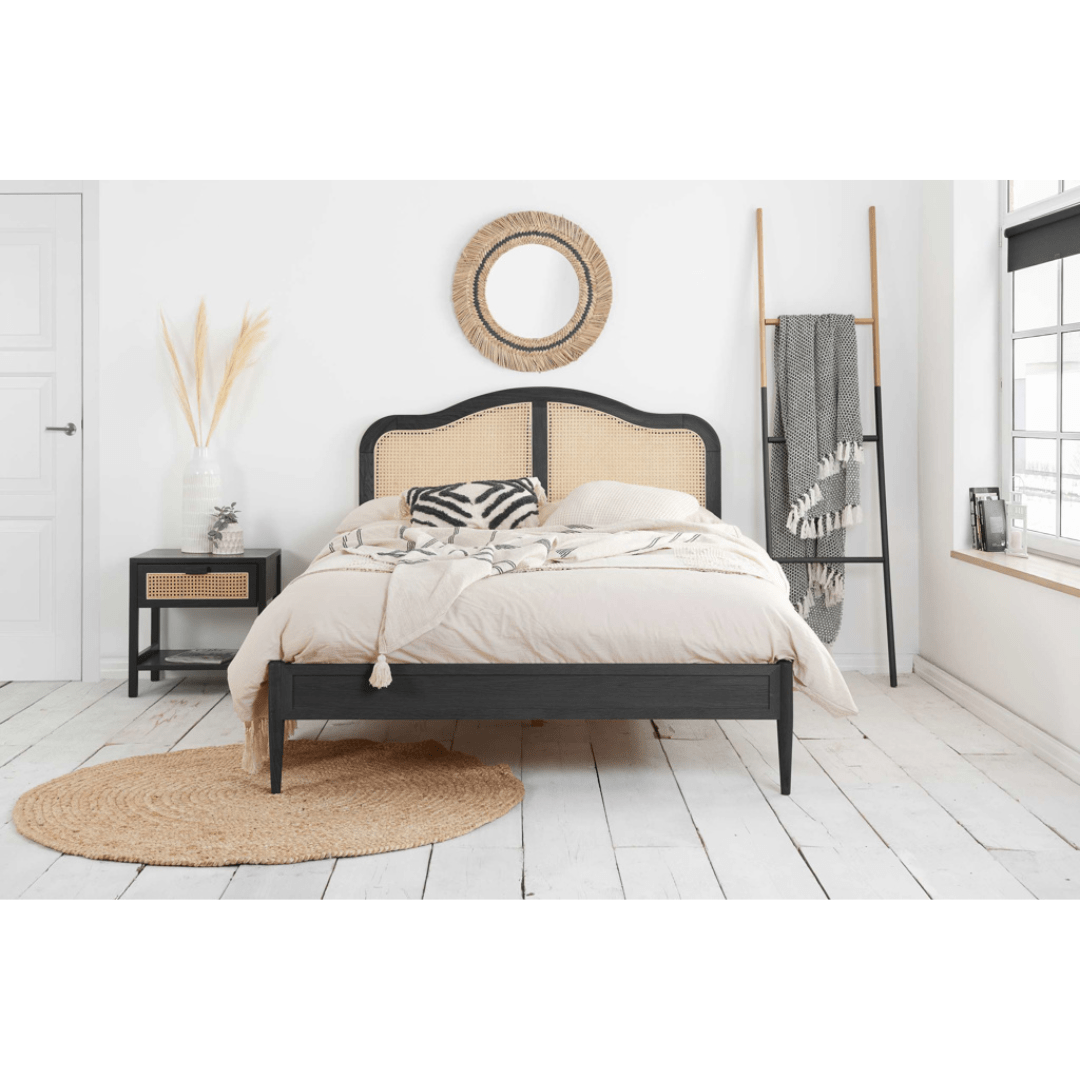 Leonie Solid Oak Rattan Bed Frame - Weathered Black Oak - Furniturezone
