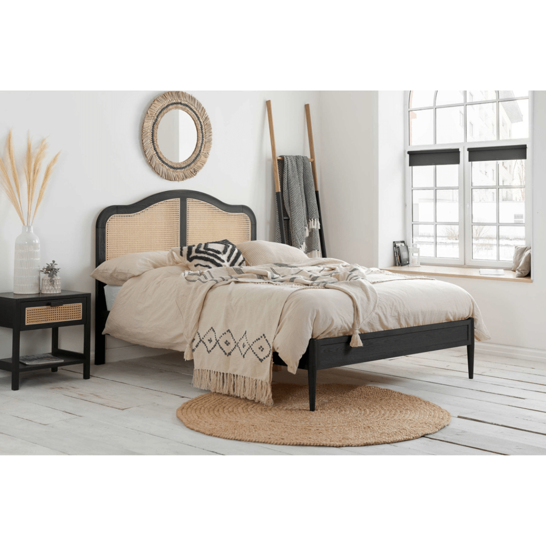 Leonie Solid Oak Rattan Bed Frame - Weathered Black Oak - Furniturezone