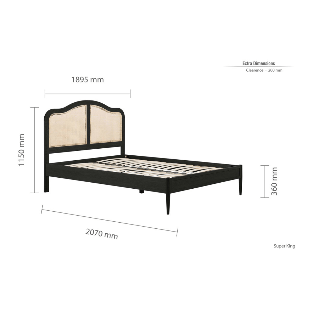 Leonie Solid Oak Rattan Bed Frame - Weathered Black Oak - Furniturezone