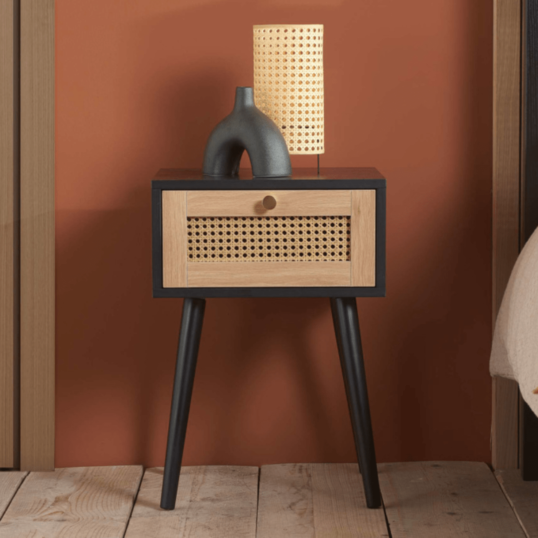 Marchesi 1 Drawer Rattan Bedside Black - Furniturezone