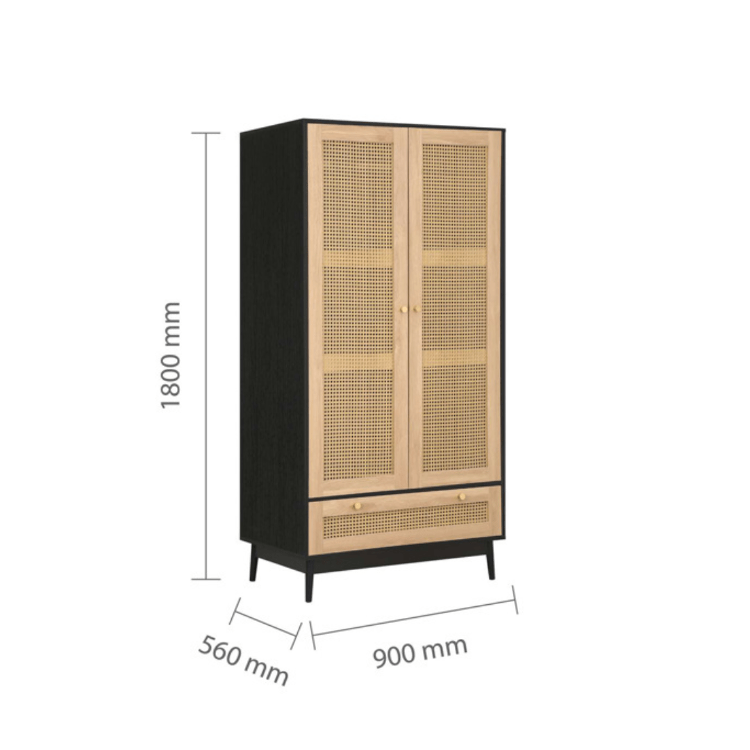 Marchesi 2 Door 1 Drawer Rattan Wardrobe Black - Furniturezone