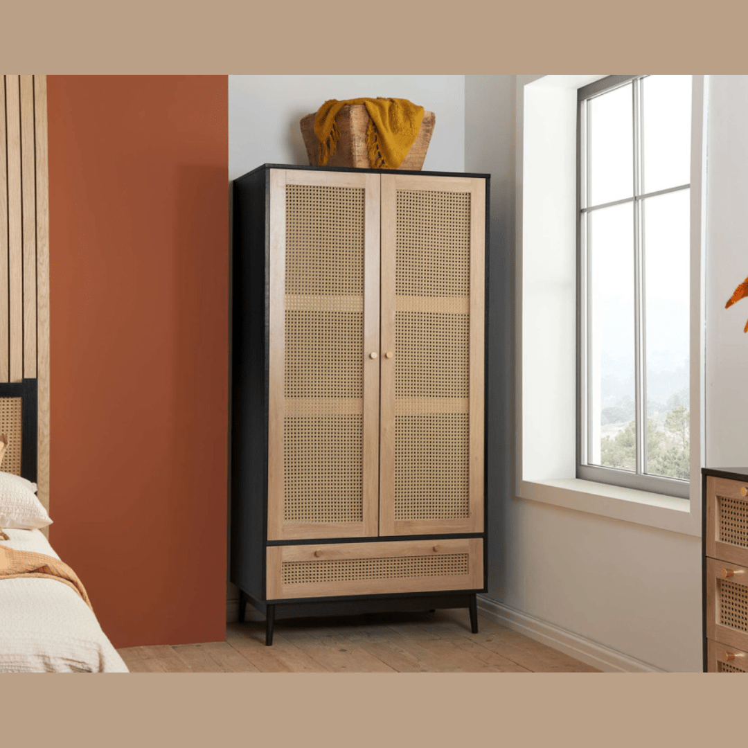 Marchesi 2 Door 1 Drawer Rattan Wardrobe Black - Furniturezone