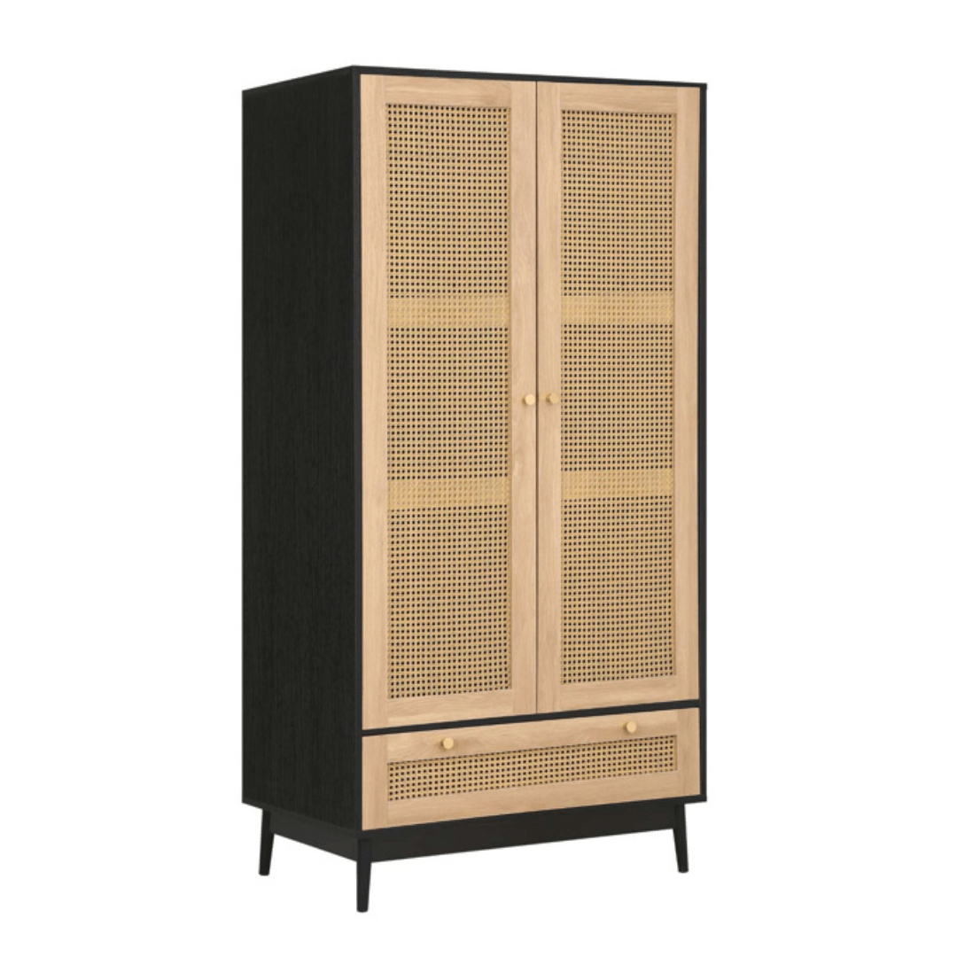 Marchesi 2 Door 1 Drawer Rattan Wardrobe Black - Furniturezone