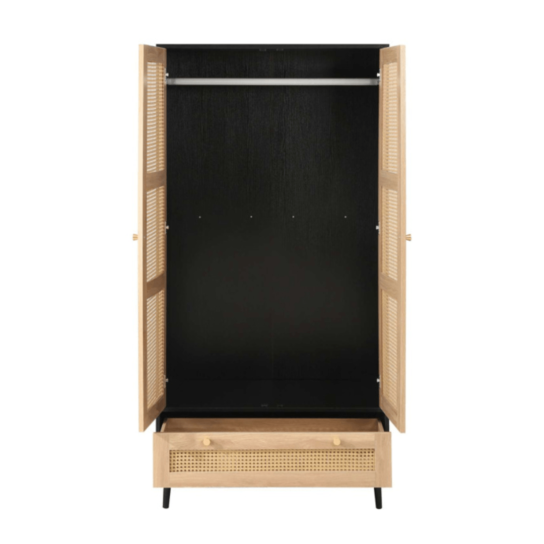 Marchesi 2 Door 1 Drawer Rattan Wardrobe Black - Furniturezone