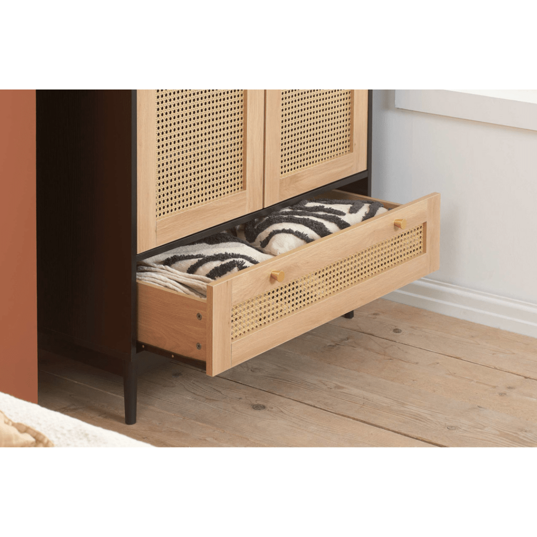 Marchesi 2 Door 1 Drawer Rattan Wardrobe Black - Furniturezone