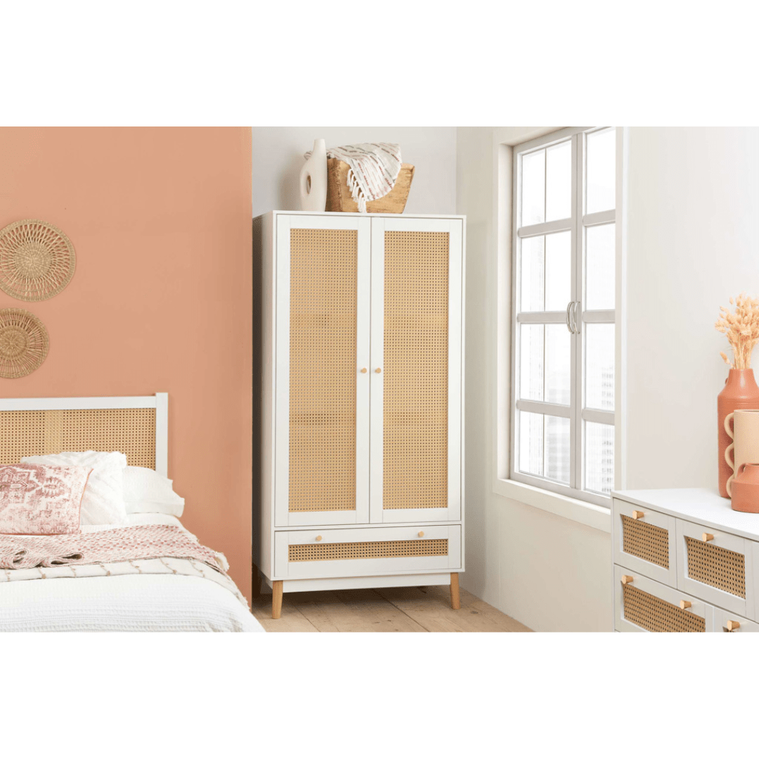 Marchesi 2 Door 1 Drawer Rattan Wardrobe White - Furniturezone