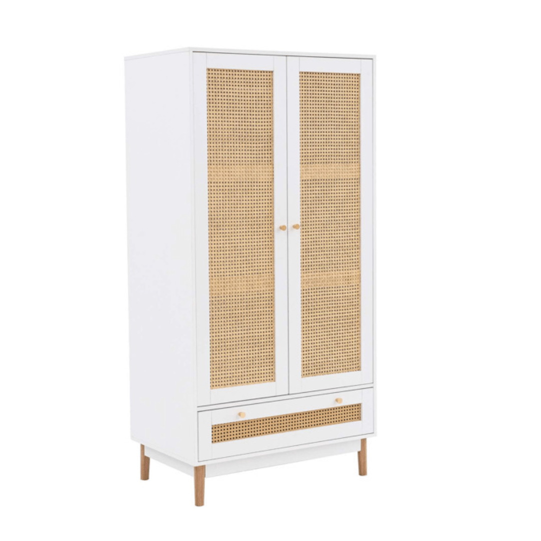 Marchesi 2 Door 1 Drawer Rattan Wardrobe White - Furniturezone