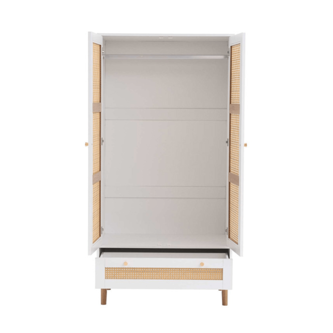 Marchesi 2 Door 1 Drawer Rattan Wardrobe White - Furniturezone