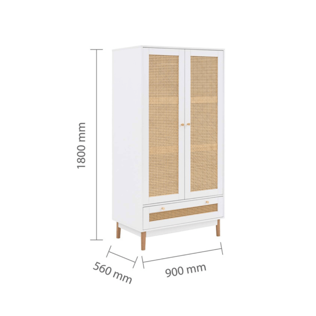 Marchesi 2 Door 1 Drawer Rattan Wardrobe White - Furniturezone