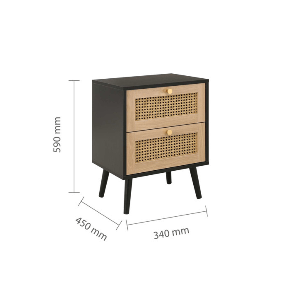 Marchesi 2 Drawer Rattan Bedside Black - Furniturezone