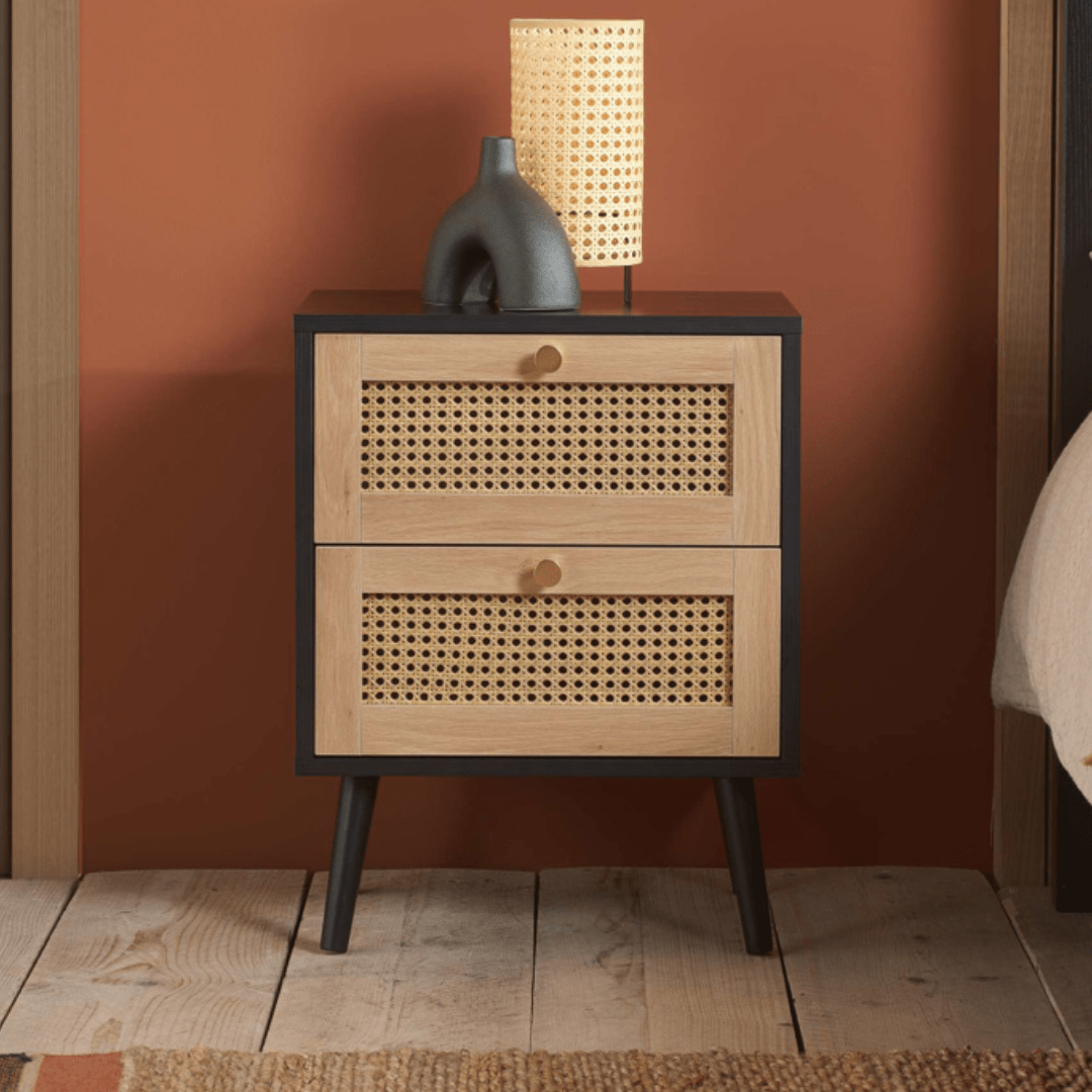 Marchesi 2 Drawer Rattan Bedside Black - Furniturezone
