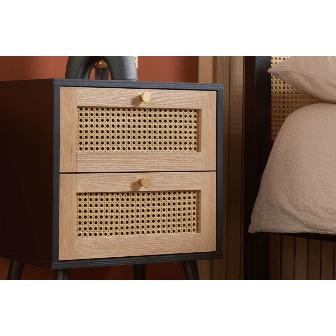 Marchesi 2 Drawer Rattan Bedside Black - Furniturezone