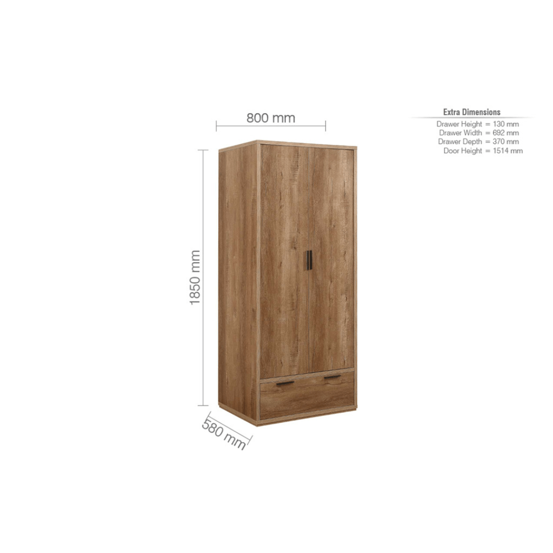 Stockwell 2 Door 1 Drawer Wardrobe - Rustic Oak Effect - Furniturezone