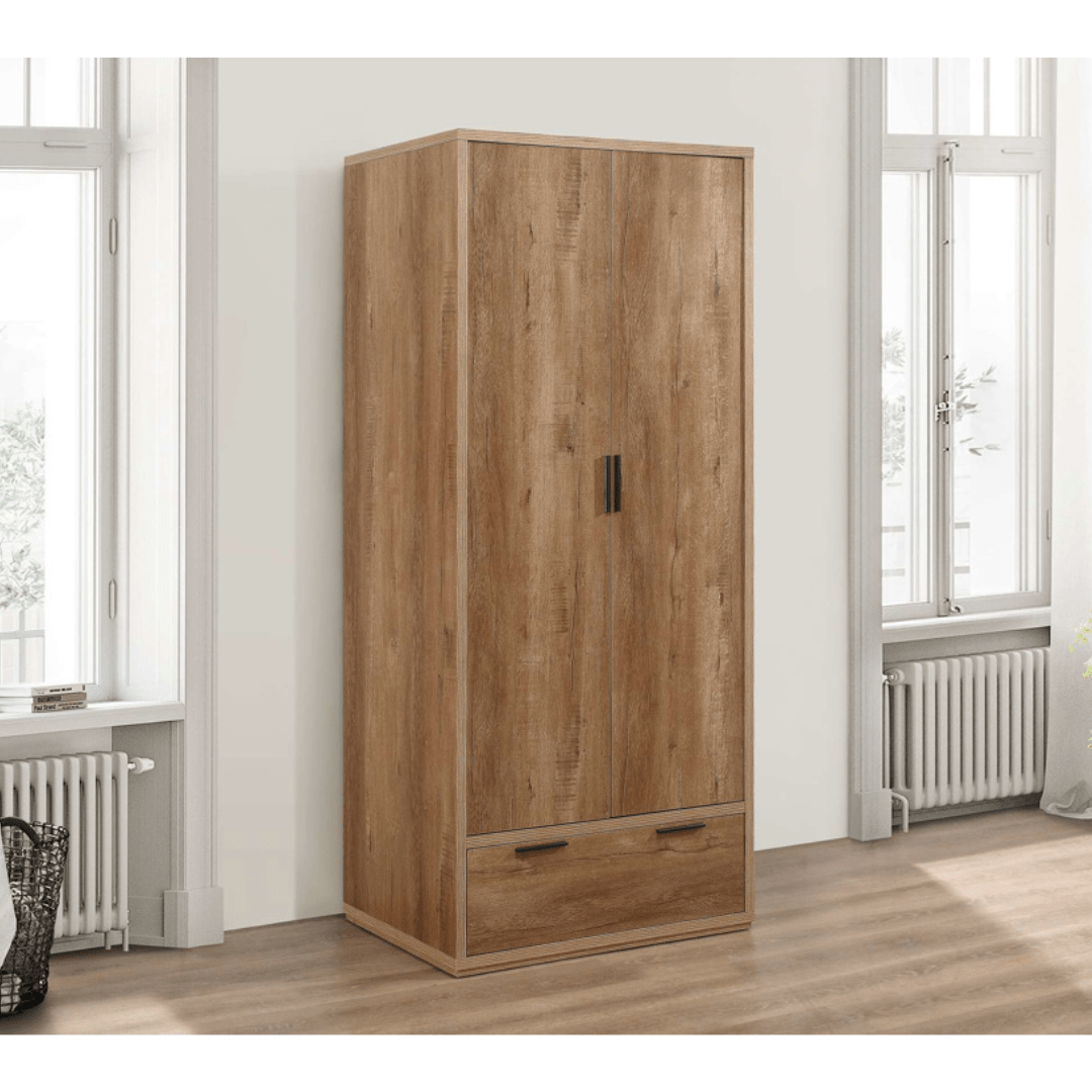 Stockwell 2 Door 1 Drawer Wardrobe - Rustic Oak Effect - Furniturezone