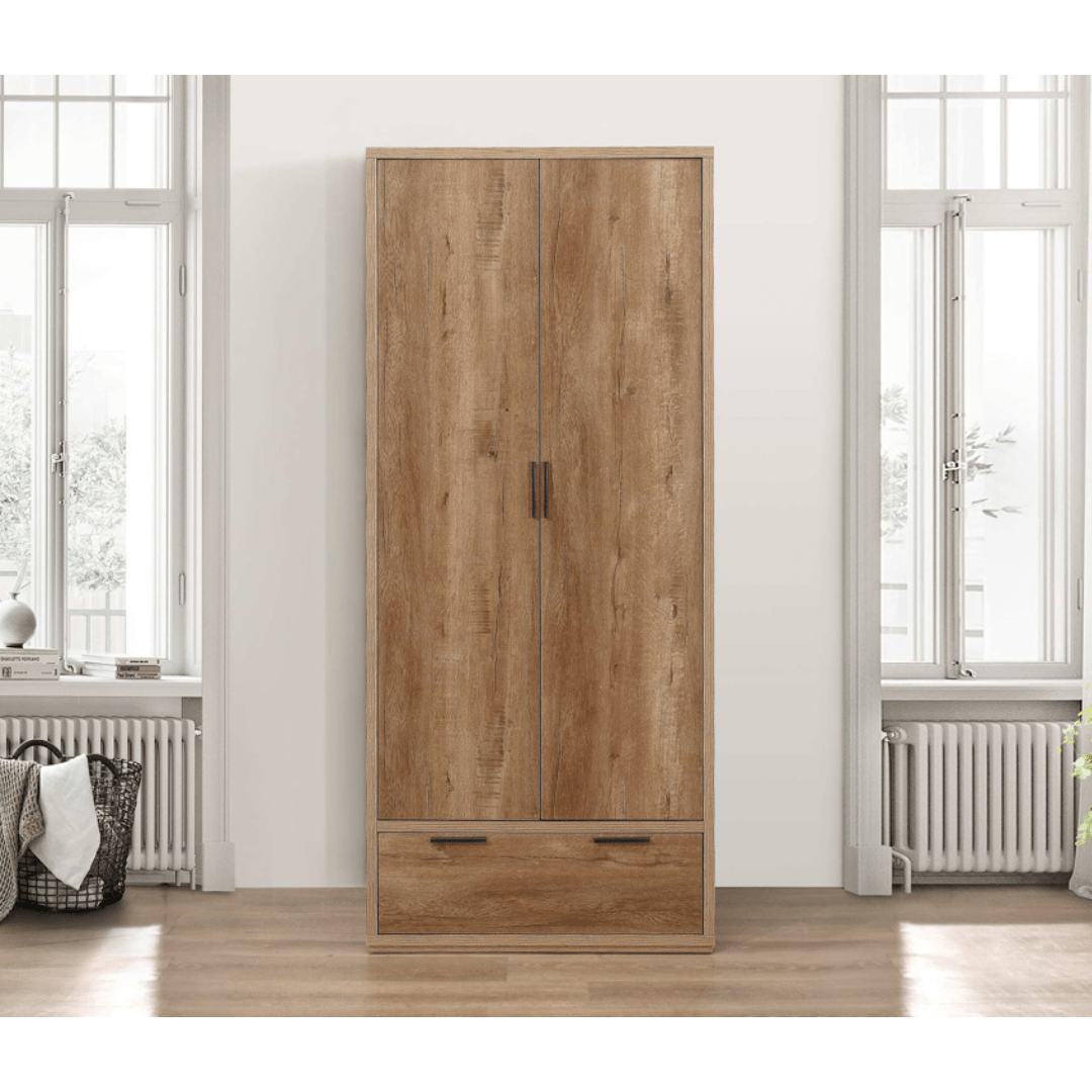 Stockwell 2 Door 1 Drawer Wardrobe - Rustic Oak Effect - Furniturezone