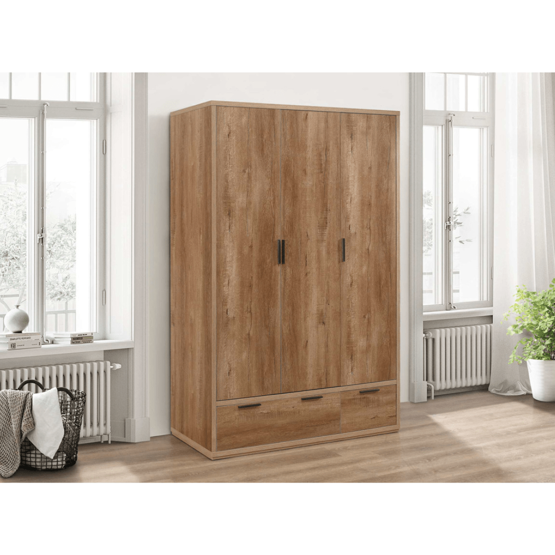 Stockwell 3 Door 2 Drawer Wardrobe - Rustic Oak Effect - Furniturezone