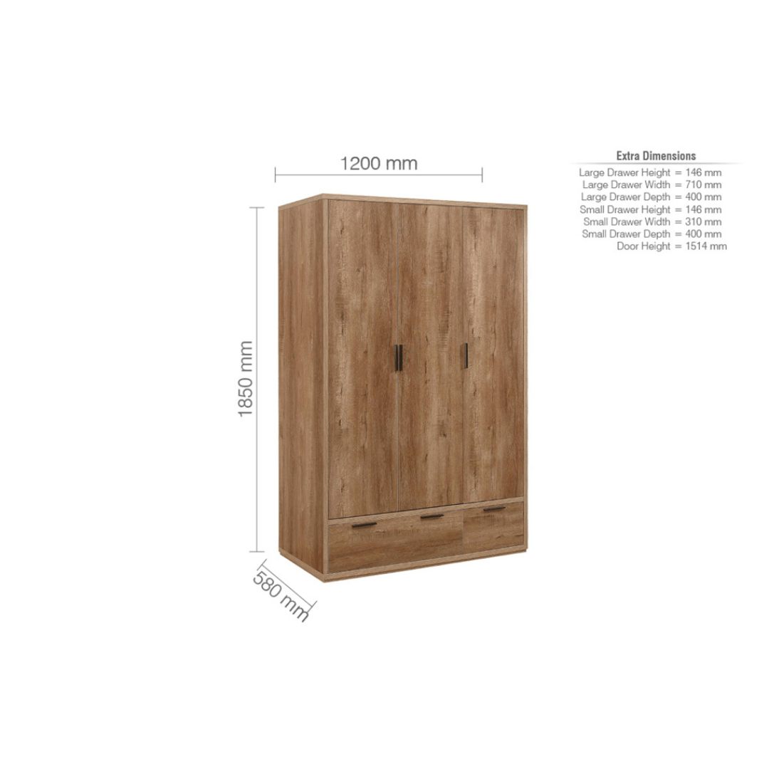 Stockwell 3 Door 2 Drawer Wardrobe - Rustic Oak Effect - Furniturezone