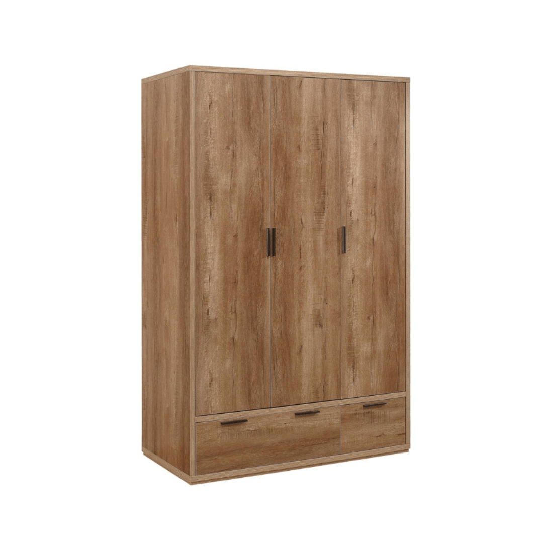 Stockwell 3 Door 2 Drawer Wardrobe - Rustic Oak Effect - Furniturezone