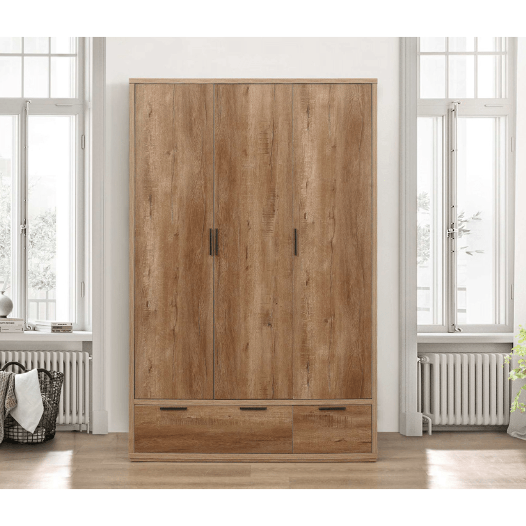 Stockwell 3 Door 2 Drawer Wardrobe - Rustic Oak Effect - Furniturezone