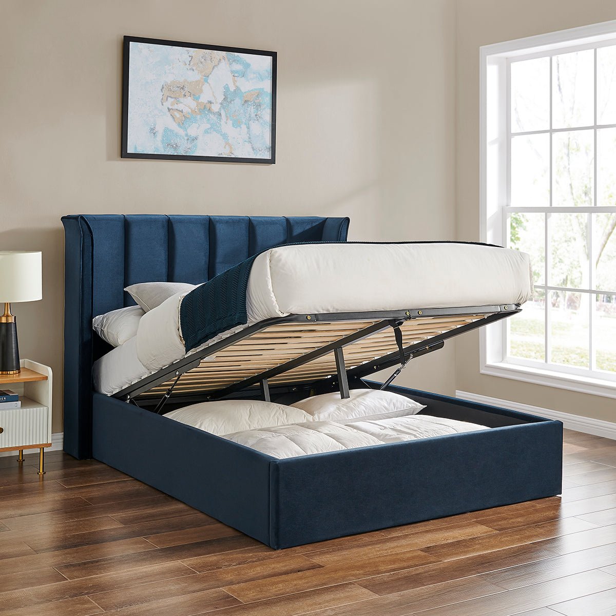 Vera Navy Blue Ottoman Storage Bed Frame - Furniturezone