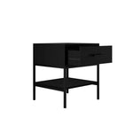 Black side table with a drawer on a white background