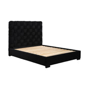 Black upholstered bed frame with wooden slats on a white background