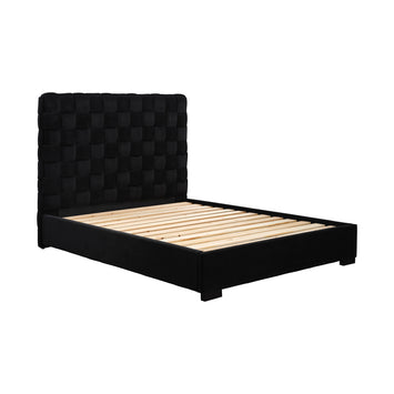 Black upholstered bed frame with wooden slats on a white background