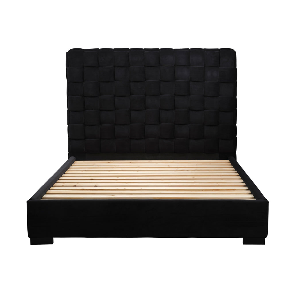 Black upholstered bed with wooden slats on a white background