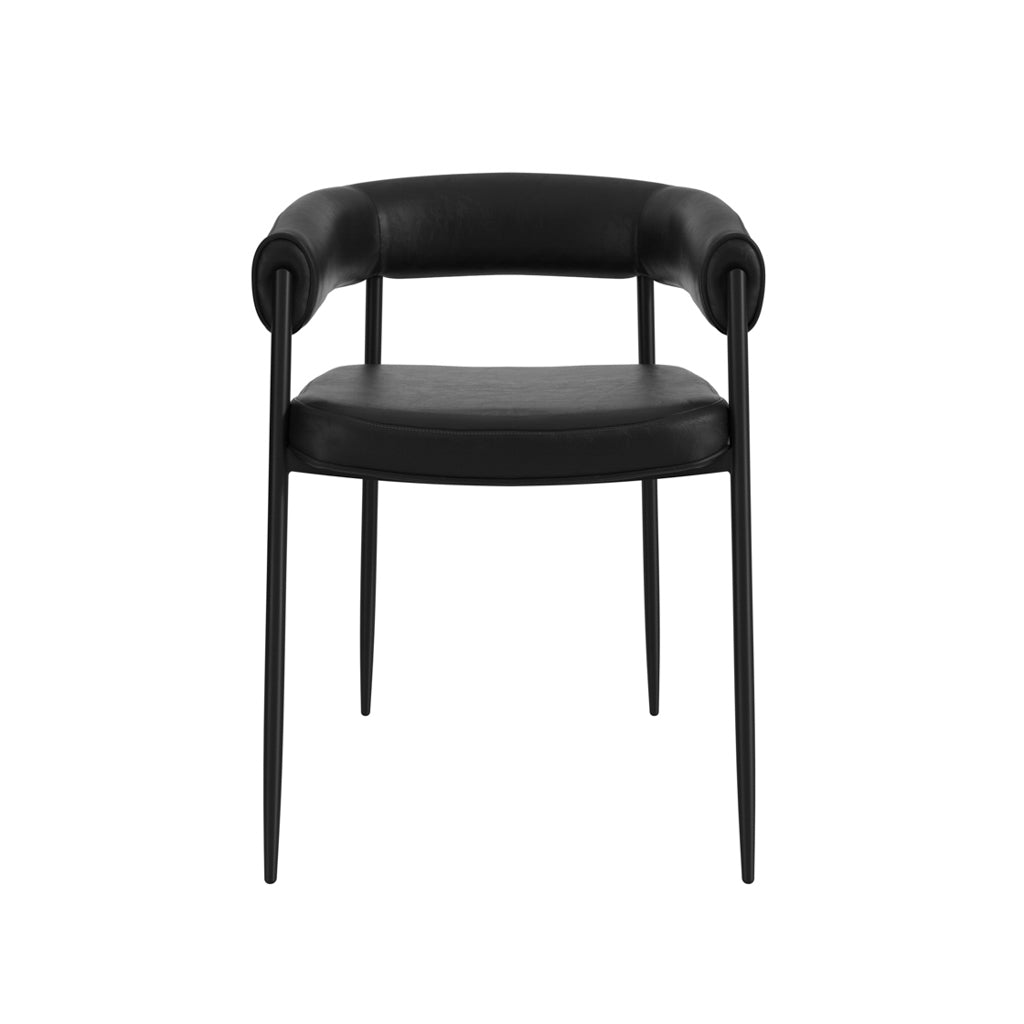 Black leather chair with curved armrests on a white background