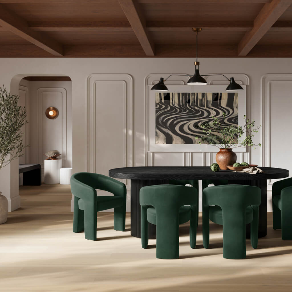 Rina Black Dining Table With Six Alba Forest Green Chairs