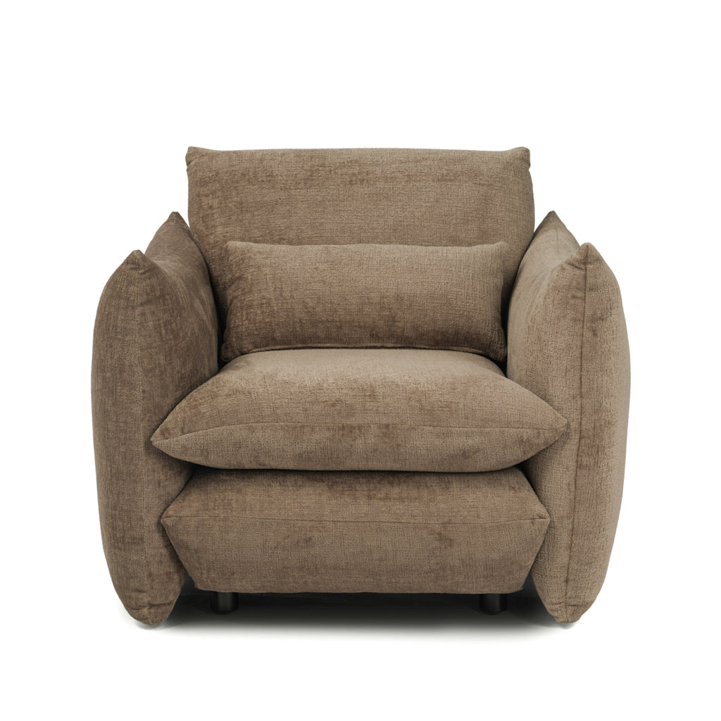 A plush upholstered armchair in a textured taupe-brown fabric, featuring a high back, wide armrests, and two matching seat cushions, shown against a plain white background.