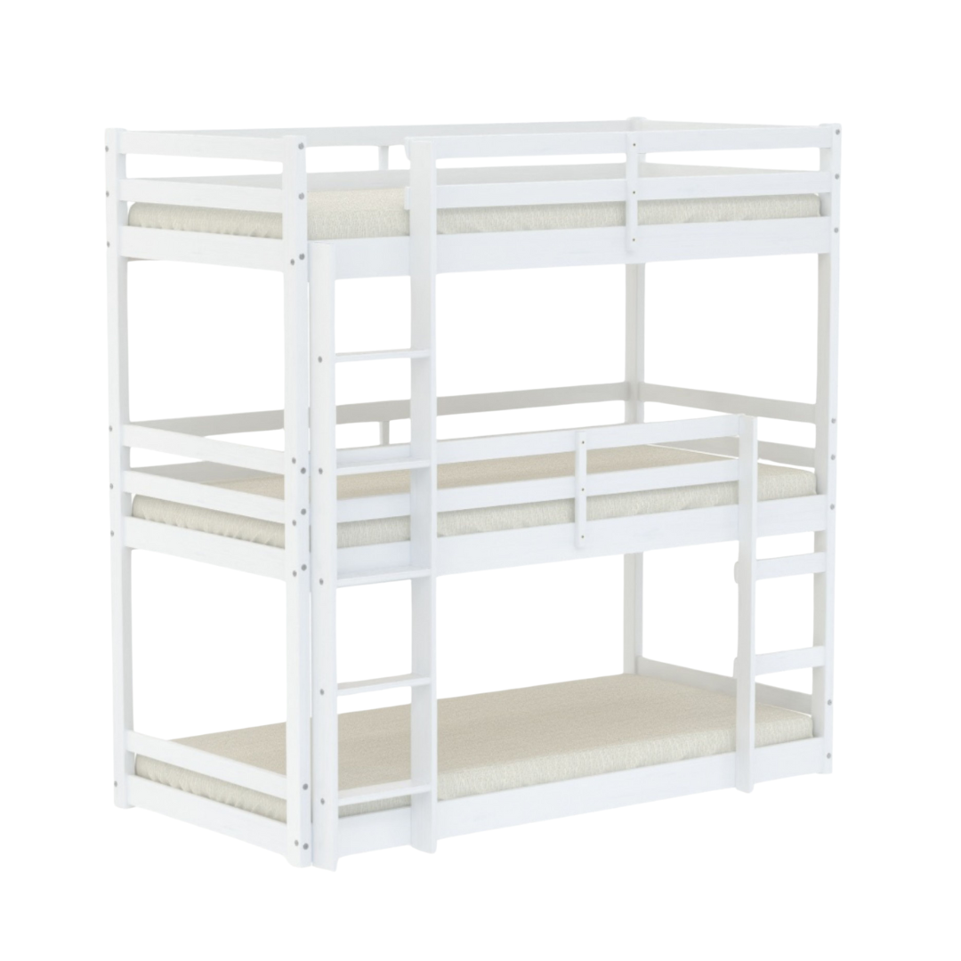 White metal bunk bed with beige mattresses on a white background