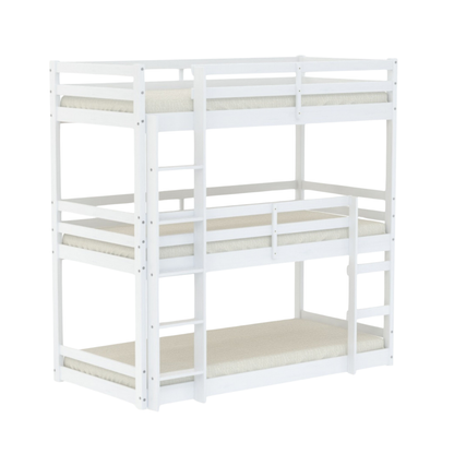 White metal bunk bed with beige mattresses on a white background