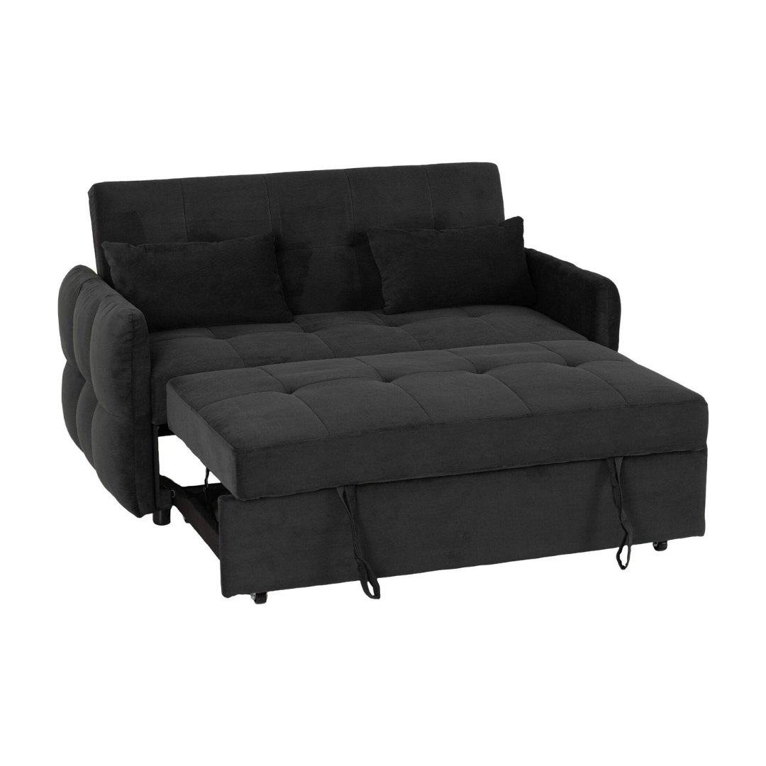 A black tufted fabric sofa bed with a chaise lounge extension, shown in a partially pulled-out position on a plain white background.