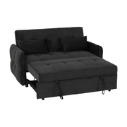 A black tufted fabric sofa bed with a chaise lounge extension, shown in a partially pulled-out position on a plain white background.