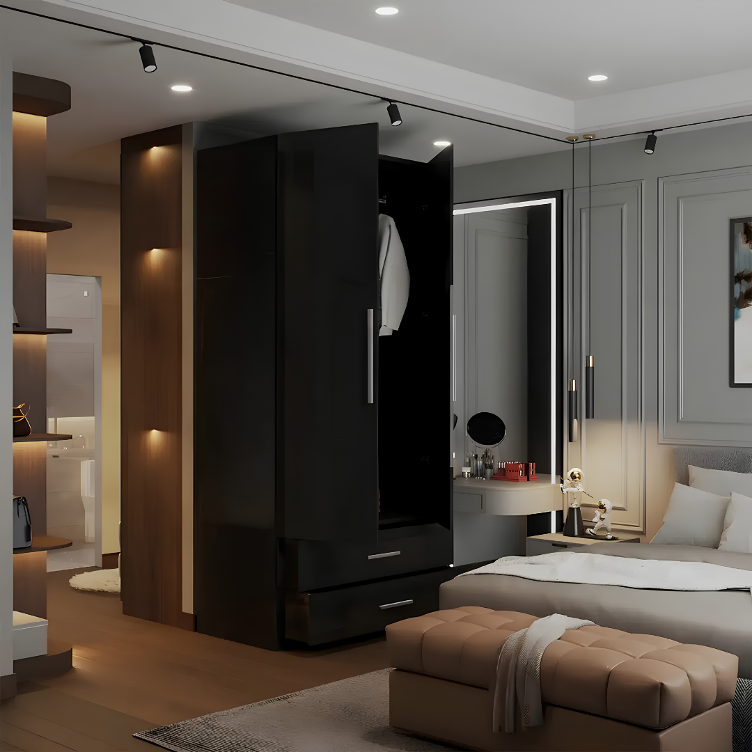 Rina Black High Gloss Two Door Two Drawer Mirrored Wardrobe