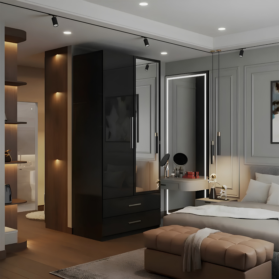 Rina Black High Gloss Two Door Two Drawer Mirrored Wardrobe