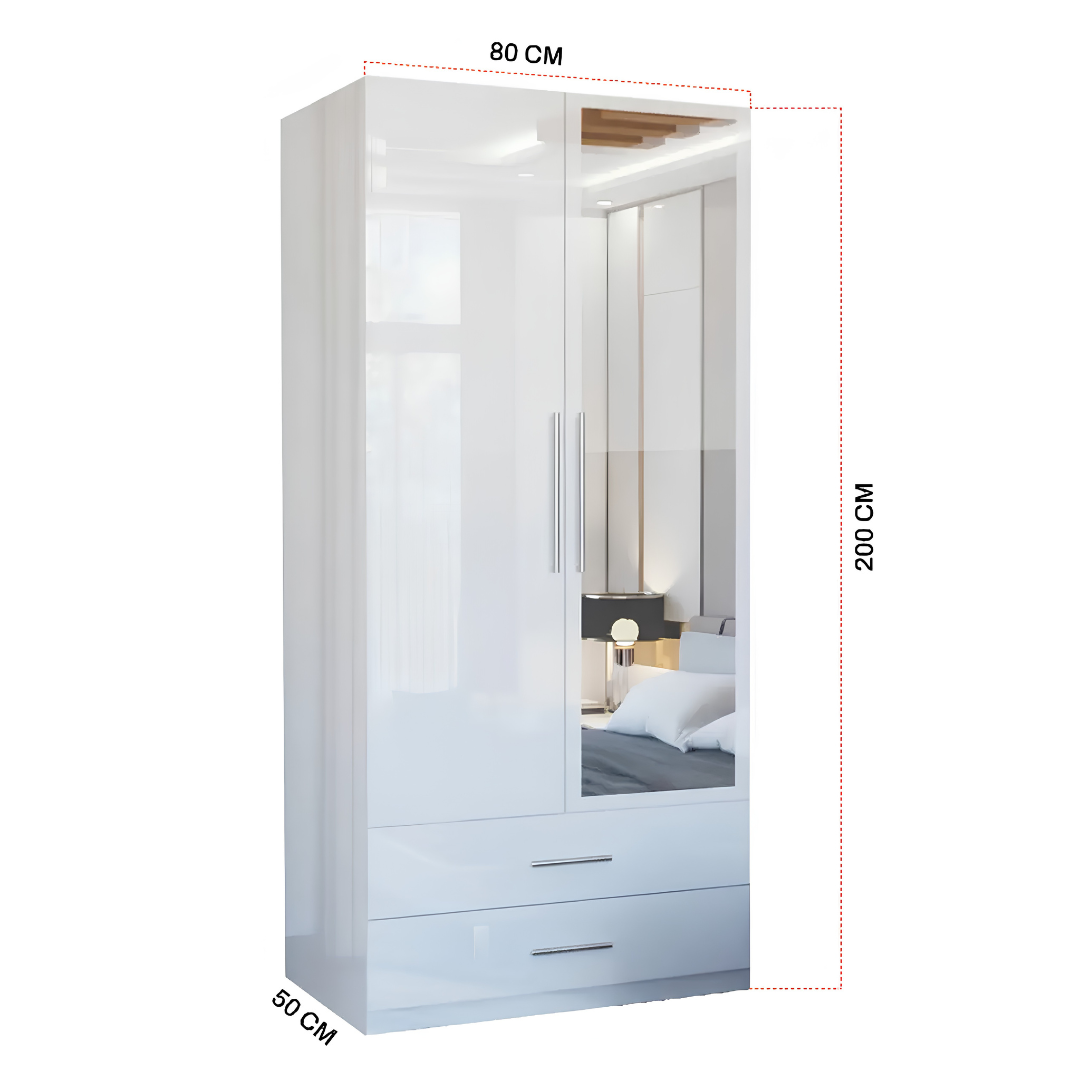 Rina White High Gloss Two Door Two Drawer Mirrored Wardrobe
