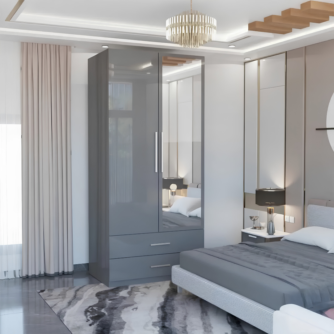 Rina Grey High Gloss Two Door Two Drawer Mirrored Wardrobe