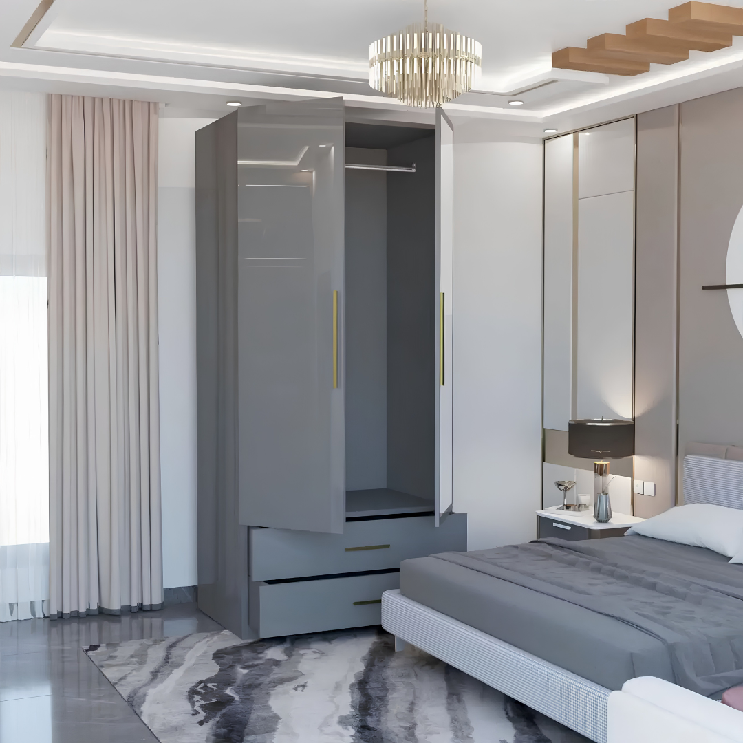 Modern bedroom with gray wardrobe and bed in a well-lit room.