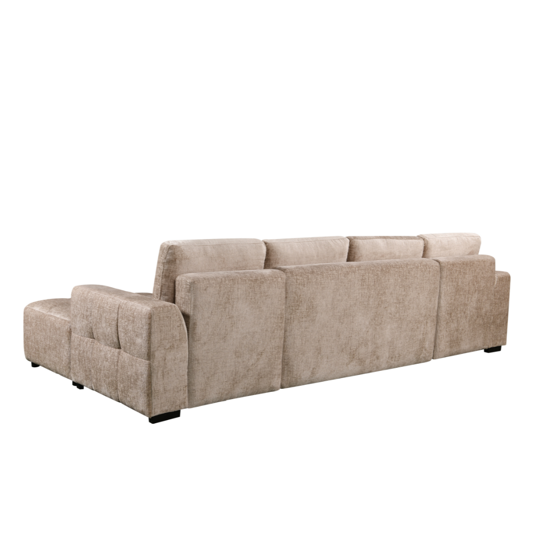 A light beige textured fabric sectional sofa with a left-facing chaise lounge, shown from a three-quarters angle against a plain white background.