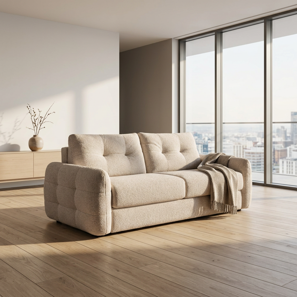 A modern tufted sofa in a light beige textured fabric, shown from a three-quarter angle against a plain white background.
