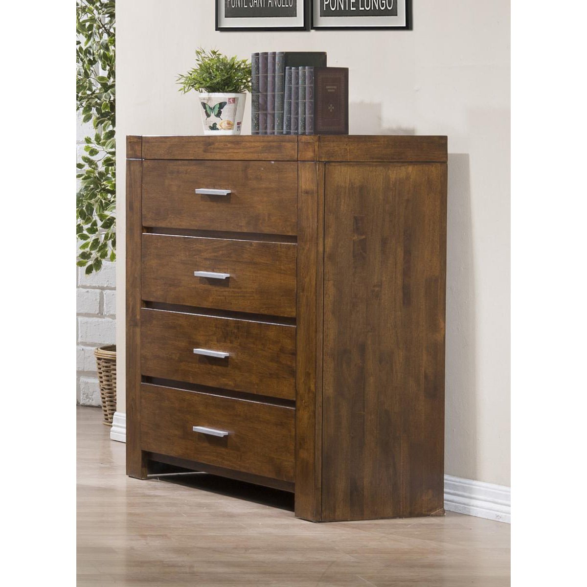 Astley Solid Rubberwood Tallboy - Rustic Oak (Assembled) - Furniturezone