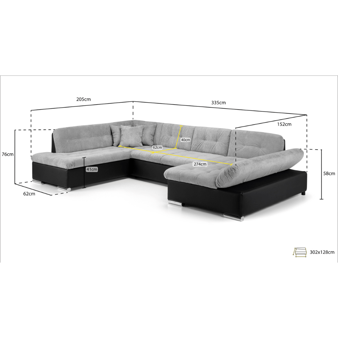 Bergen Sofa Bed Black/Grey Left Hand Facing U Shape Corner - Furniturezone